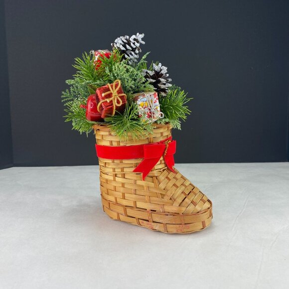 Vintage Christmas Decor Wicker Boot with Ornaments - Picture 1 of 8